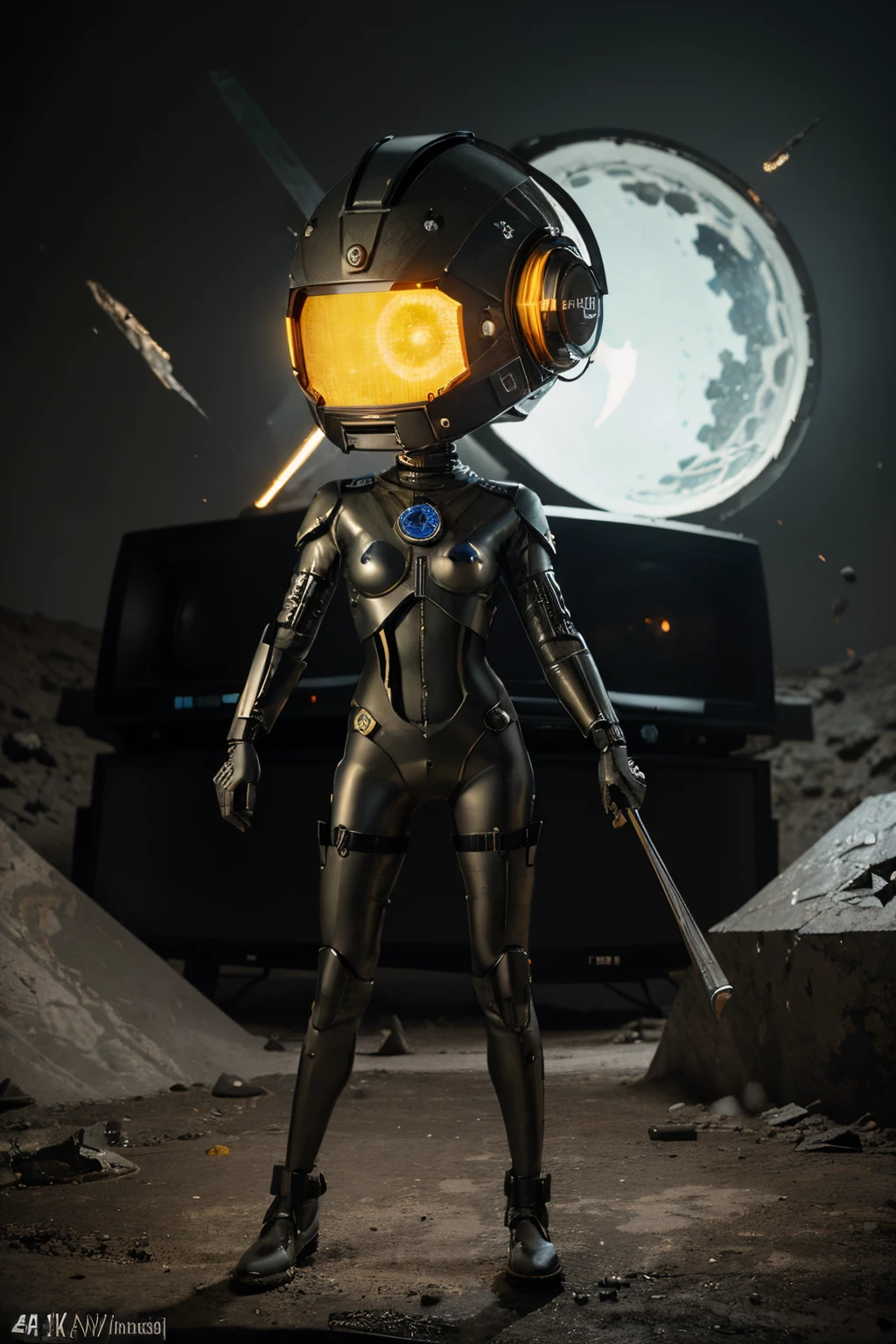 A Modern flat toon Crazy whit a Big ONE a Only Eye Robot and helmet Style, tongs in hands, Tv head, pinhead, camouflage yellow white Pibnk Rusty, Ambient in a meteorite crater super detailed, center, beautiful, soft lighting, focused on the character, 4K resolution, photorealistic rendering,
