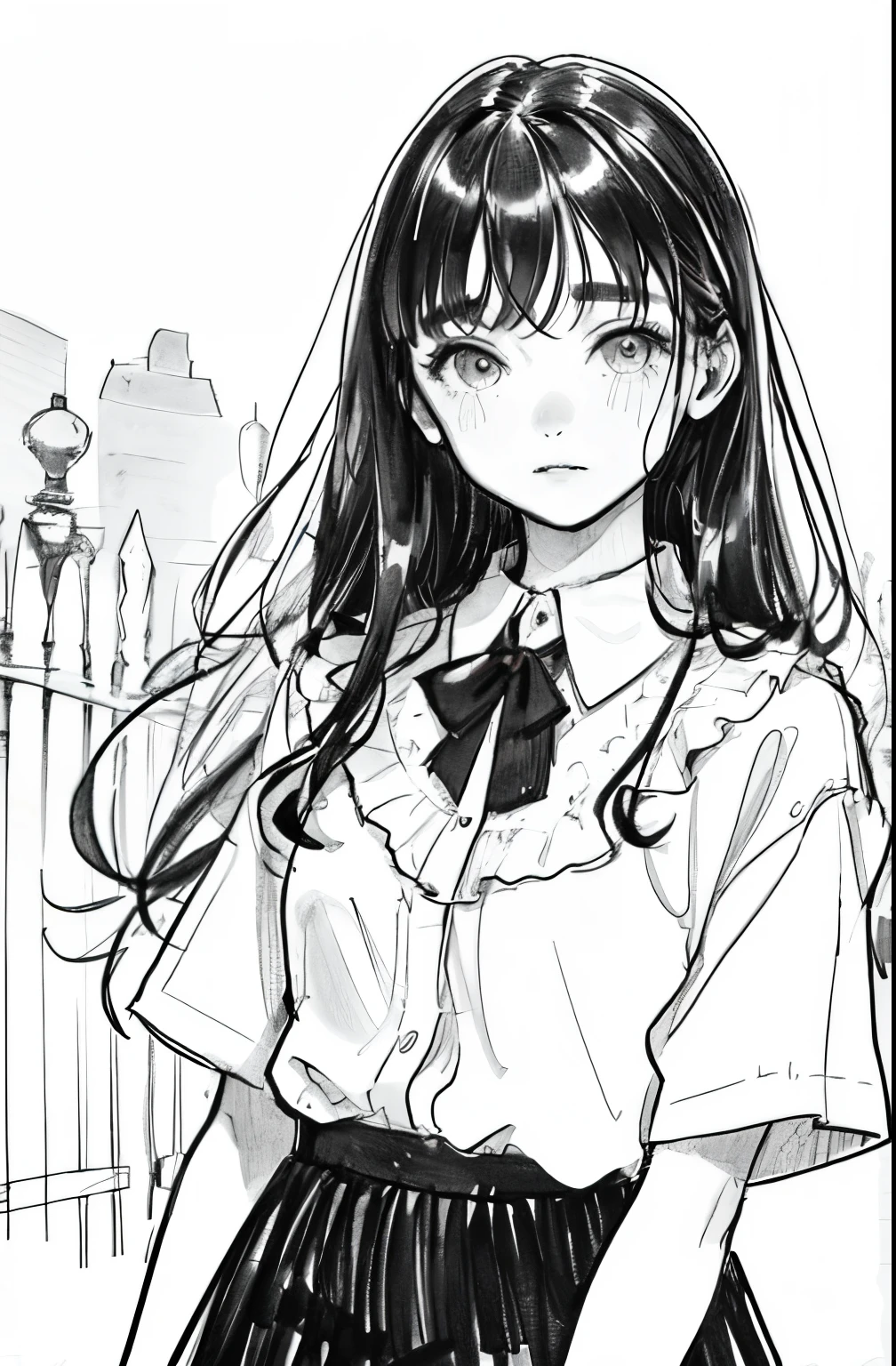1girl in,line-drawing,monochromes,sketch,Pencil drawing,Traditional Media,1girl in, black skirt fence, long hair shirt, Short sleeves, Skirt, Solo、Cute teenage woman, ,Beautiful portrait、Delicate body、look up to、, (Detailed background:1.3), (Detailed face:1.3), 、Align your bangs、Bangs、Slender eyes、Narrow-eyed