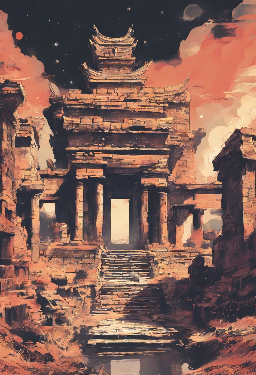 ((Ancient ruins))、Calm ink painting with detailed and detailed illustrations, magical cosmic colors, Rice Paper Texture, Digital Paint, halo astronaut, Black and gold future portal floating in the sky. Venus. spaces. Cloud wet technique and wet technique. vibrant vector professional art. Using Cinema 4D, Mysterious