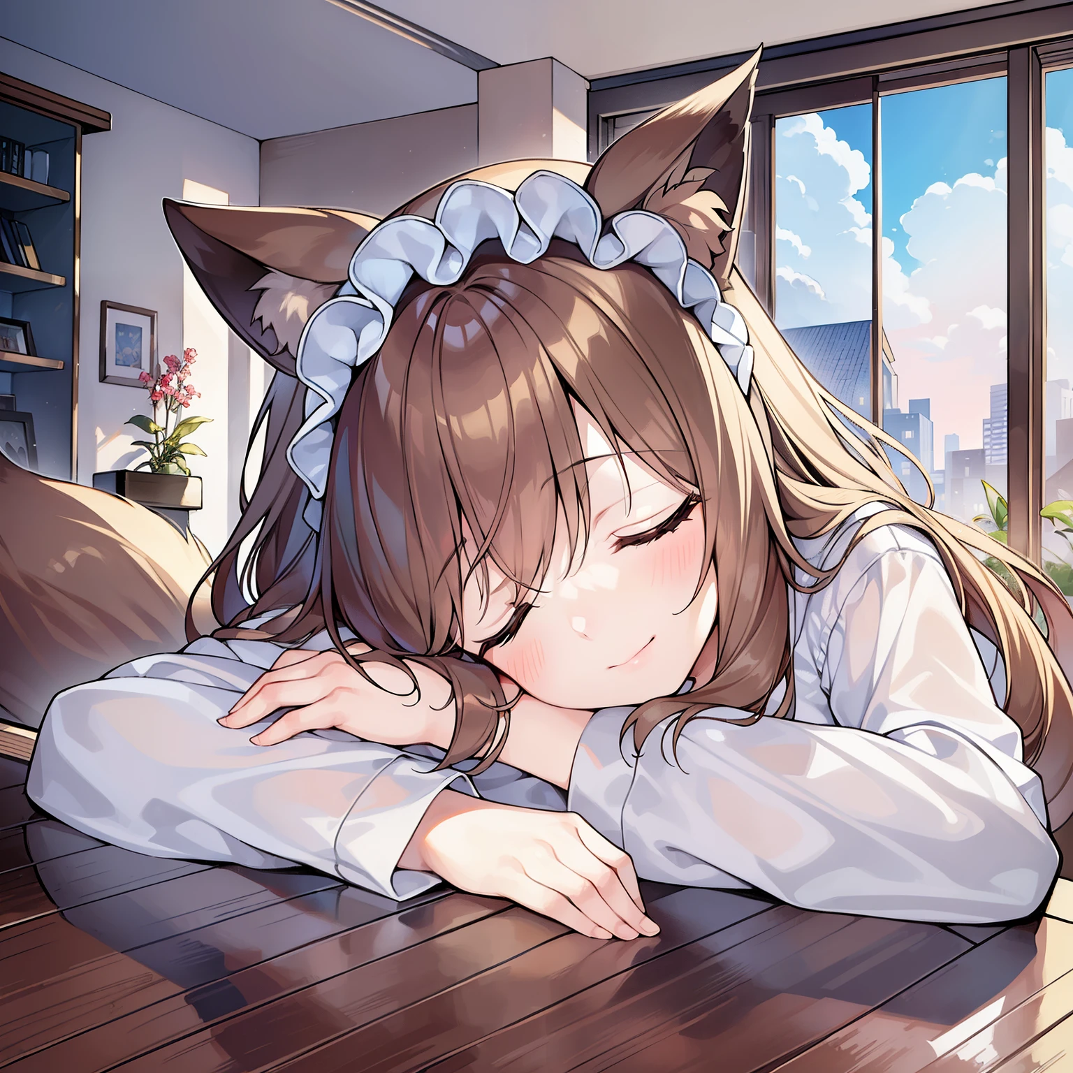 Illustration of a cute fat cat happy on a fluffy white pillow with light clouds around. Above the cat,chibi,high lights