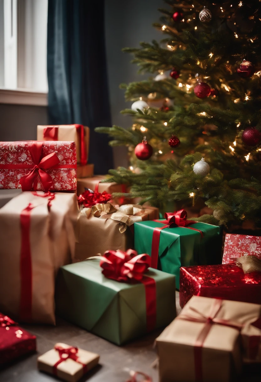 A shot of a Christmas morning scene, with scattered gift wrap and ribbons, showcasing the aftermath of the joyous gift-giving tradition.