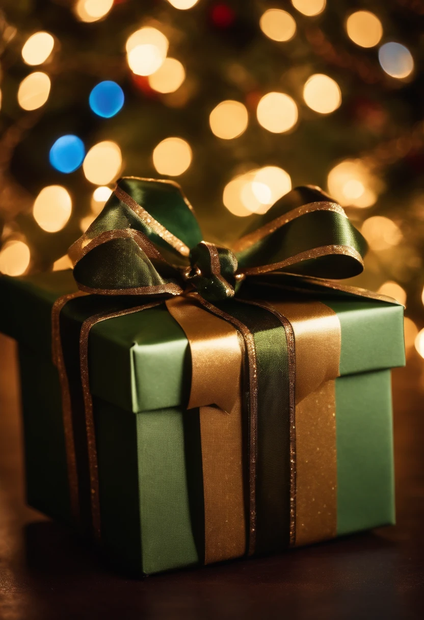 A close-up shot of a gift box with a luxurious ribbon and bow, placed against a backdrop of sparkling lights and holiday decorations, creating a festive and magical atmosphere.