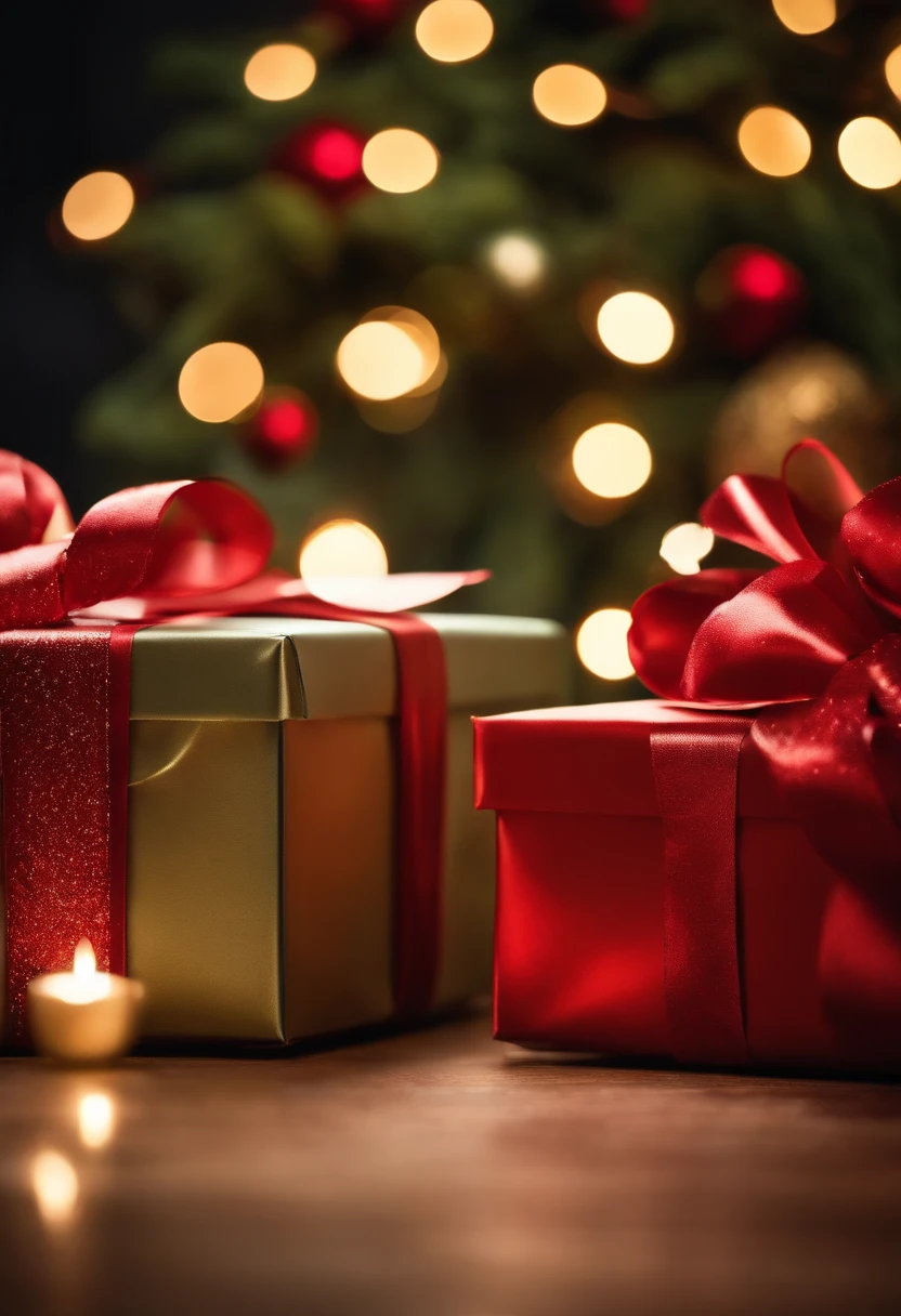 A close-up shot of a gift box with a luxurious ribbon and bow, placed against a backdrop of sparkling lights and holiday decorations, creating a festive and magical atmosphere.