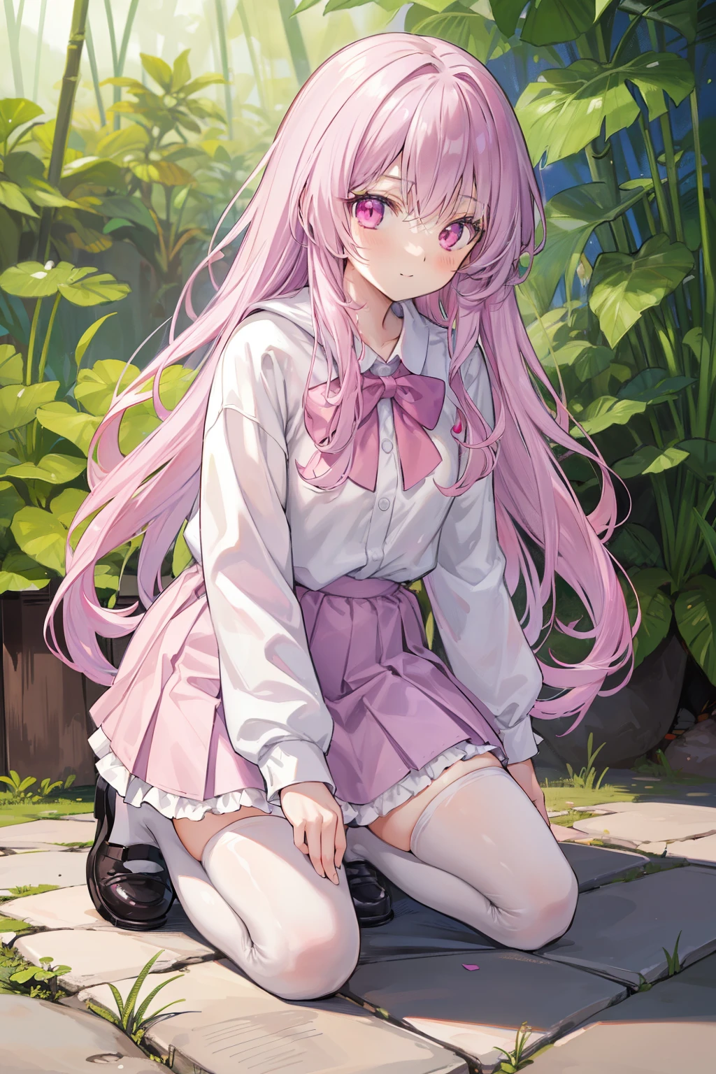 tmasterpiece, Best quality at best, 1 plump girl, Alone, light violet hair, Long gray hair, dual horsetail, Heterochromia, ((a pink eyes)), in jungle,  kneeling down, looking at the screen, Self-confident, ssmile, jaket, Skirt white stockings