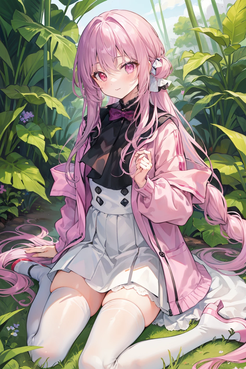 tmasterpiece, Best quality at best, 1 plump girl, Alone, light violet hair, Long gray hair, dual horsetail, Heterochromia, ((a pink eyes)), in jungle, kneeling down, looking at the screen, Self-confident, ssmile, jaket, Skirt white stockings