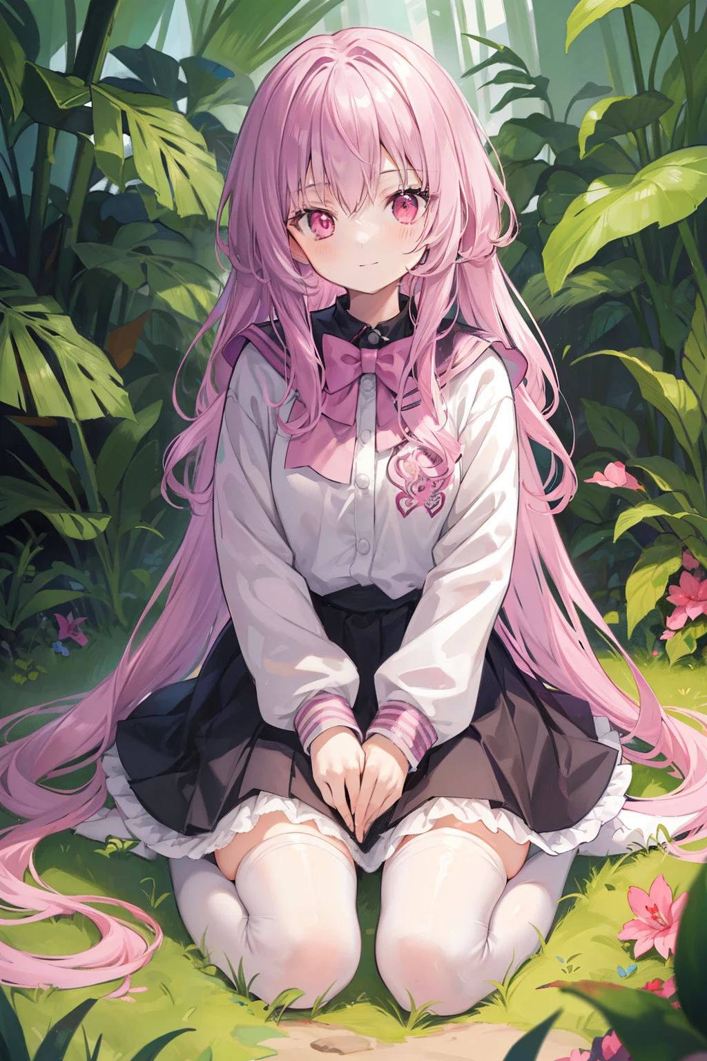 1girl solo pink hair, pink eyes with love, detailed eyes, straight hair, straight bangs, shiny hair,
,red bowtie,purple skirt,purple shirt,pleated skirt,short sleeves,looking at the bottom, laughter , open mouth, pink sakura trees and pink grass, in the middle of the sakura trees, laying down in the pink grass with pink flower petals on the ground, a white cat beside her,  high-definition,masterpiece, masterpiece, best quality, high resolution, aabeta, double, slim waist, cute, sailor uniform (PastelColors: 1.3)