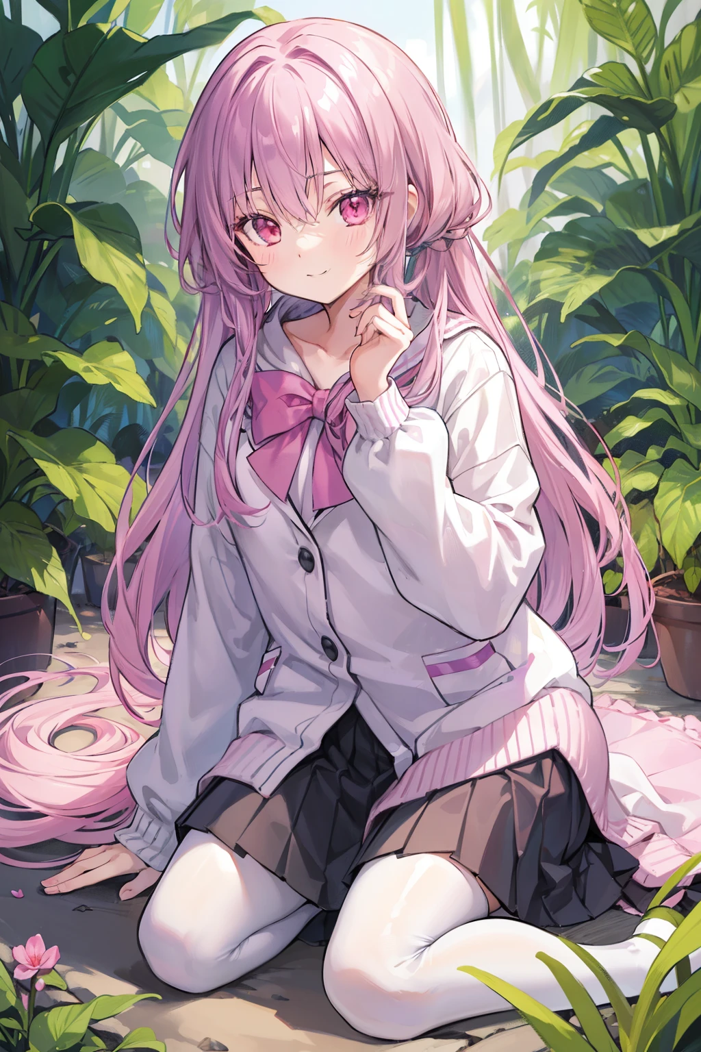 tmasterpiece, Best quality at best, 1 plump girl, Alone, light violet hair, Long gray hair, dual horsetail, Heterochromia, ((a pink eyes)), in jungle,  kneeling down, looking at the screen, Self-confident, ssmile, jaket, Skirt white stockings