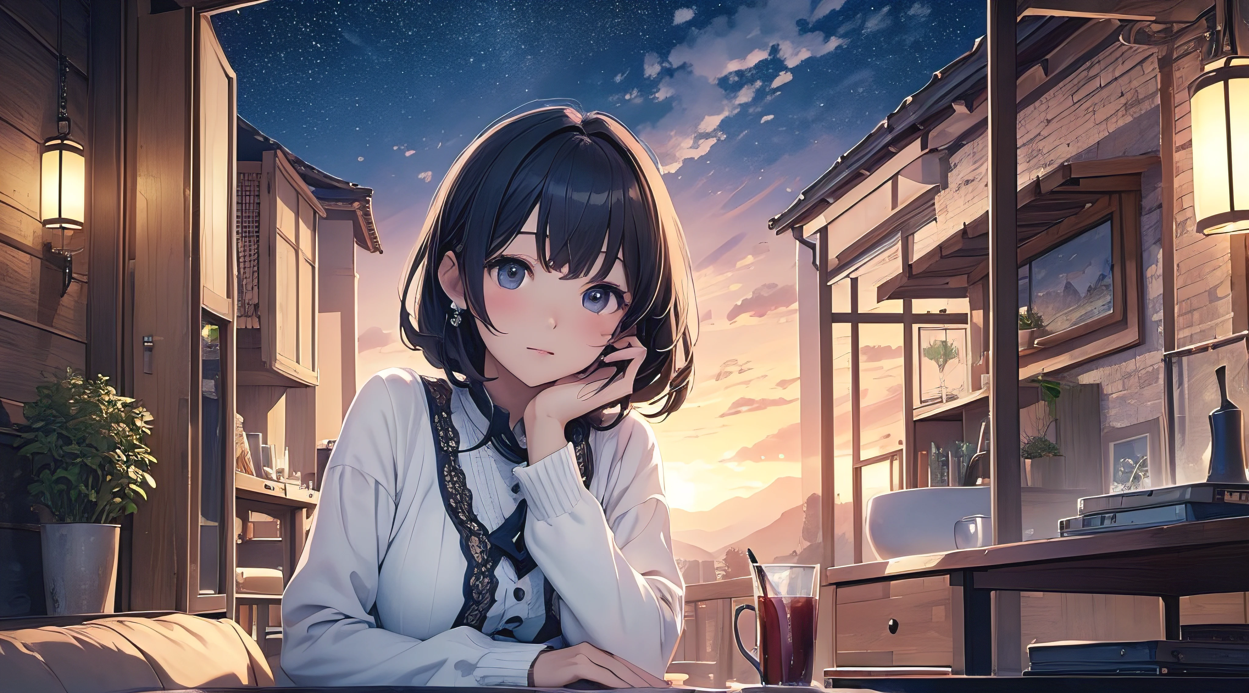 girl,white short hair,heterochromatic pupils,Sit and look back at me,beautiful starry sky