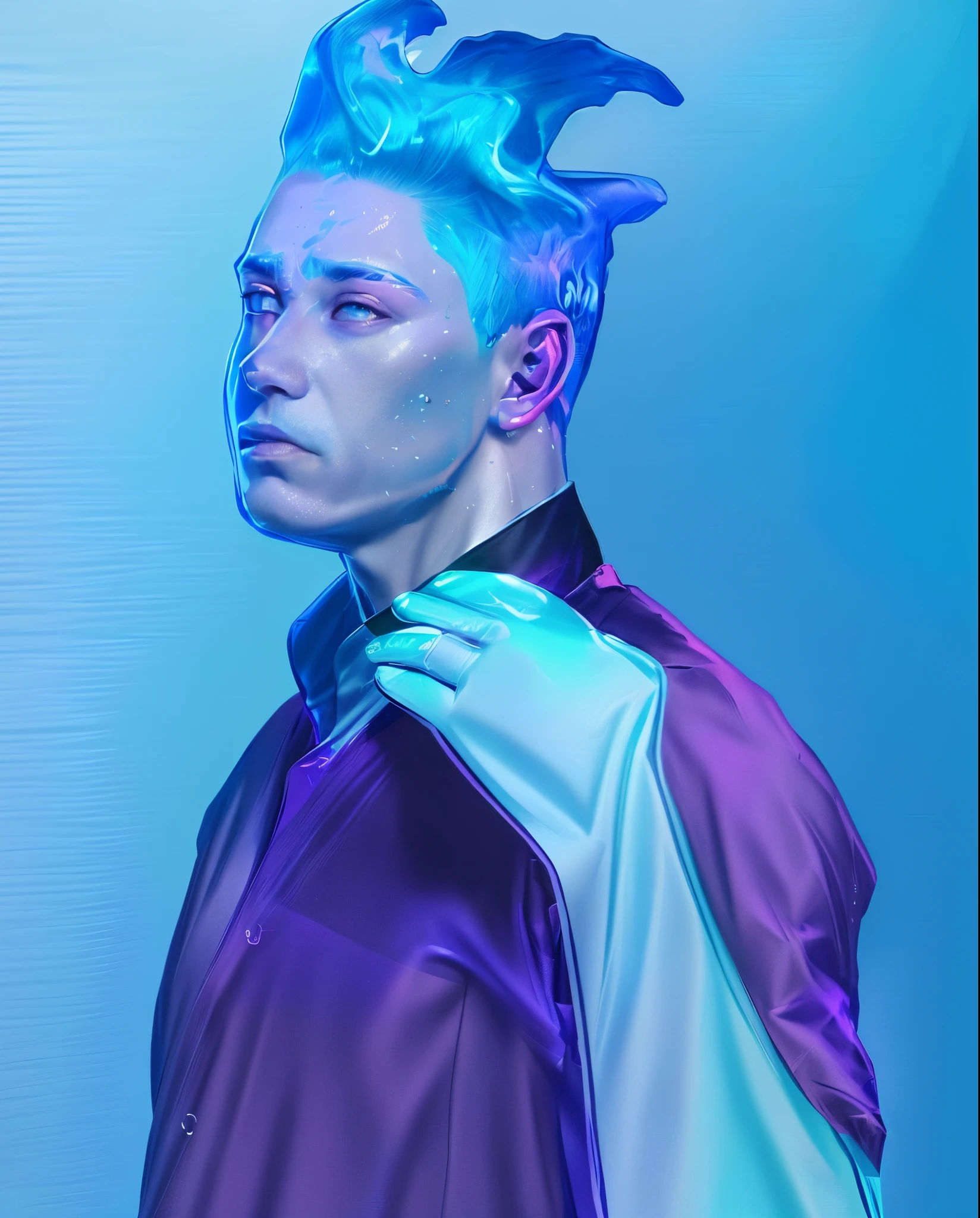 there is a man with a blue hair and a purple shirt, inspired by Russell Dongjun Lu, flume, 3 d render of jerma 9 8 5, highly detailed vfx portrait, made entirely from gradients, highly detailed vfx portrait, ryan glitter concept artist, jen bartel, joel fletcher, hyper realistic color photo, (blue water skin 1.3)