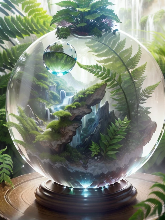 Hyper-realistic、16K High Resolution、small-scale、(Maximum Sharp Focus:1.3)、(Maximum Close-up:1.5)、(Waterfall trapped in a crystal ball with pedestal on table:1.4)、Inside the crystal ball(mosses、ferns:1.5)、(mountain stream、White fog background:1.0)、