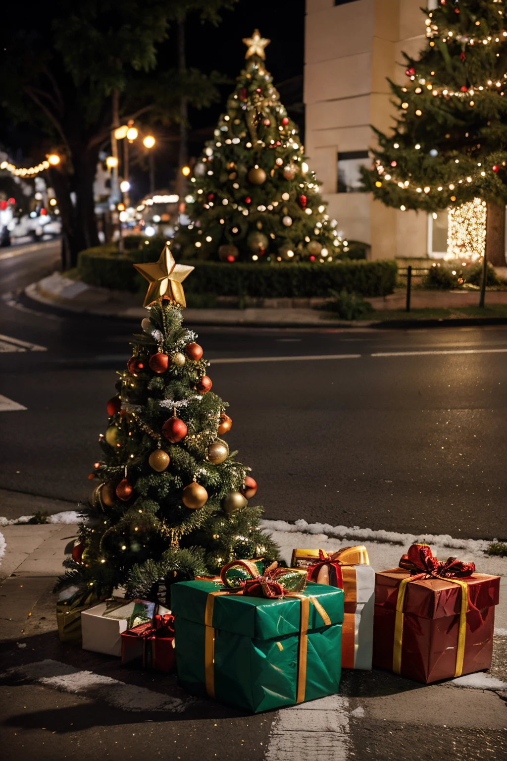 close-up of Christmas presents under a Christmas tree, the tree is full of Christmas decorations, tem luzes de natal brilhando e preenchendo toda a cena, the scene is in the middle of the road, there is a traffic cone next to the gifts.