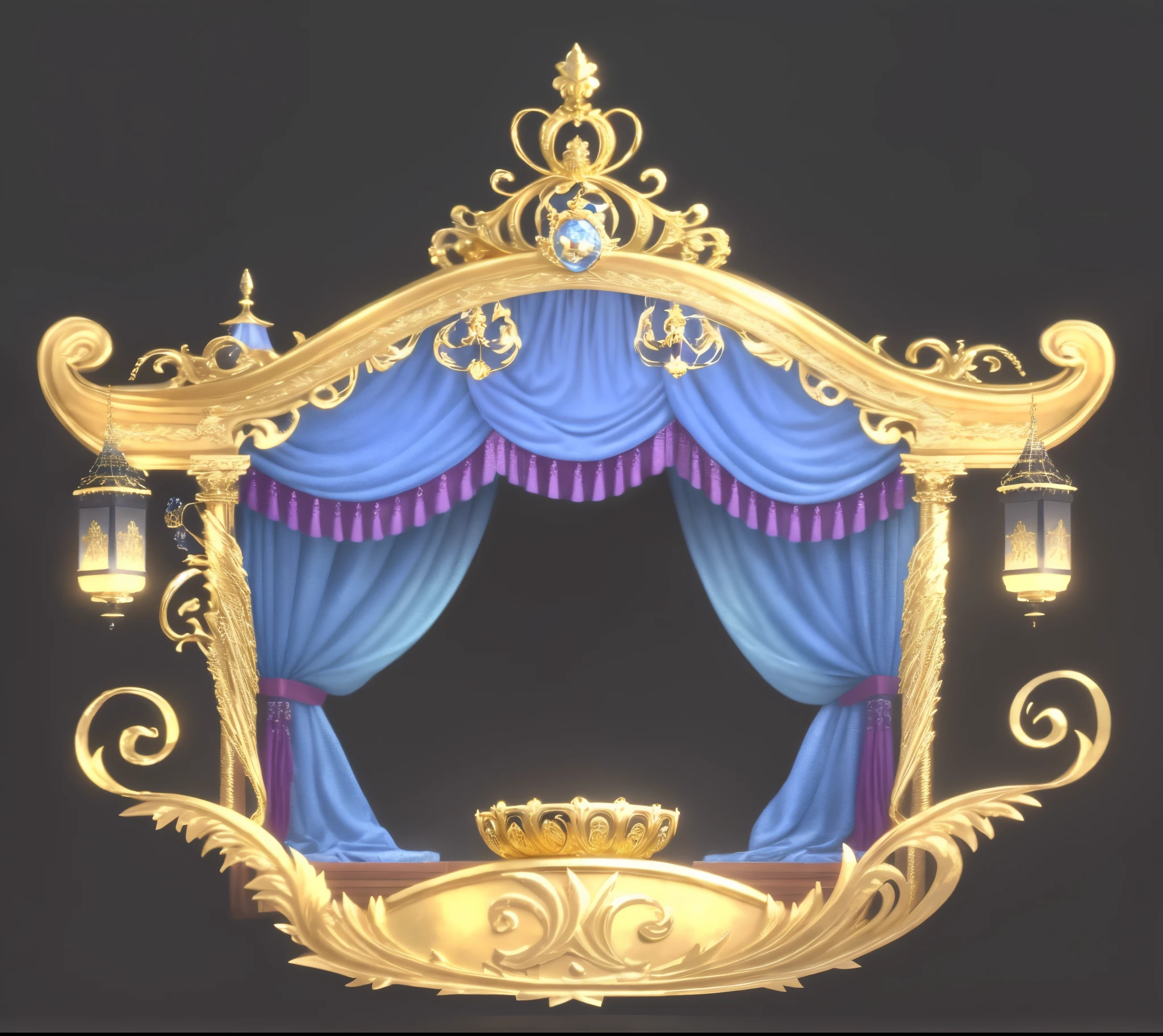 There is a gold and blue four poster bed，It has blue curtains on it, theater stage, 3D amazing details, theatrical scenery, fairy tale style background, lantern crown, Detailed set design, dance hall background, Stage background, theater stage, Beauty pageant renderings, Golden Throne, backside of scenography elements, palace background, ornate backdrop, ornate crown, ornate gold crown
