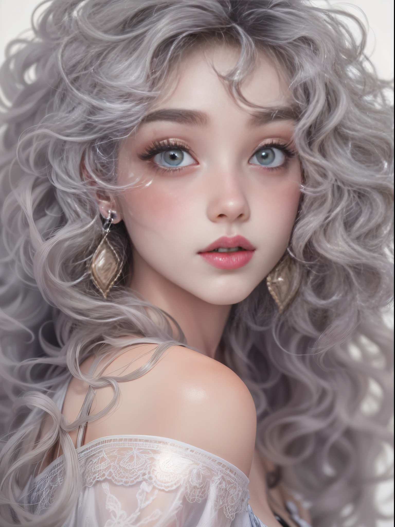 Silver curly hair girl, Messy hair fell on her face, (exquisite facial features. The confused expression. Skin details in painting. There is a beautiful mark under the eye, Wearing heart shaped earrings. she is fascinated, Her lips opened slightly. Beautiful students,exposed bare shoulders, Slightly fat,)nail art, With depth of field, Provide a sense of three-dimensionality. Taken with an F-class wide-angle lens, The work has a surrealist style, create a dream、imaginative atmosphere. silver sound,Grace,Glowing light,Award-winning proof of excellence. Skin texture is very realistic, (Anatomically correct features). Overall image ultra high definition, Capture fine details.