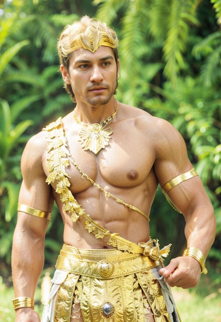 realistic, (masterpiece), (photorealistic:1.3), ultra-detailed, (high detailed:1.2), (best quality:1.0),  manly, musculine, tall man, a man in royal regalia wearing a golden wonder woman armor style, covered with diamond. Fantasy, Full body character sheet