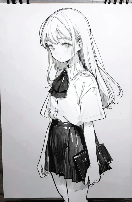 1girl in,line-drawing,monochromes,sketch,Pencil drawing,Traditional Media,black skirt fence, long hair shirt, Short sleeves, Skirt, Solo、(Cute teenage woman, Solo),Beautiful portrait、Delicate body、full body Esbian、look up to、deadpan、No emotion、A dark-haired、