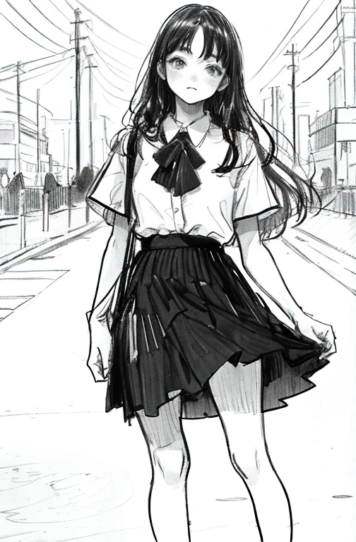 1girl in,line-drawing,monochromes,sketch,Pencil drawing,Traditional Media,black skirt fence, long hair shirt, Short sleeves, Skirt, Solo、(Cute age woman, Solo),Beautiful portrait、Delicate body、full body Esbian、look up to、deadpan、No emotion、A dark-haired、
