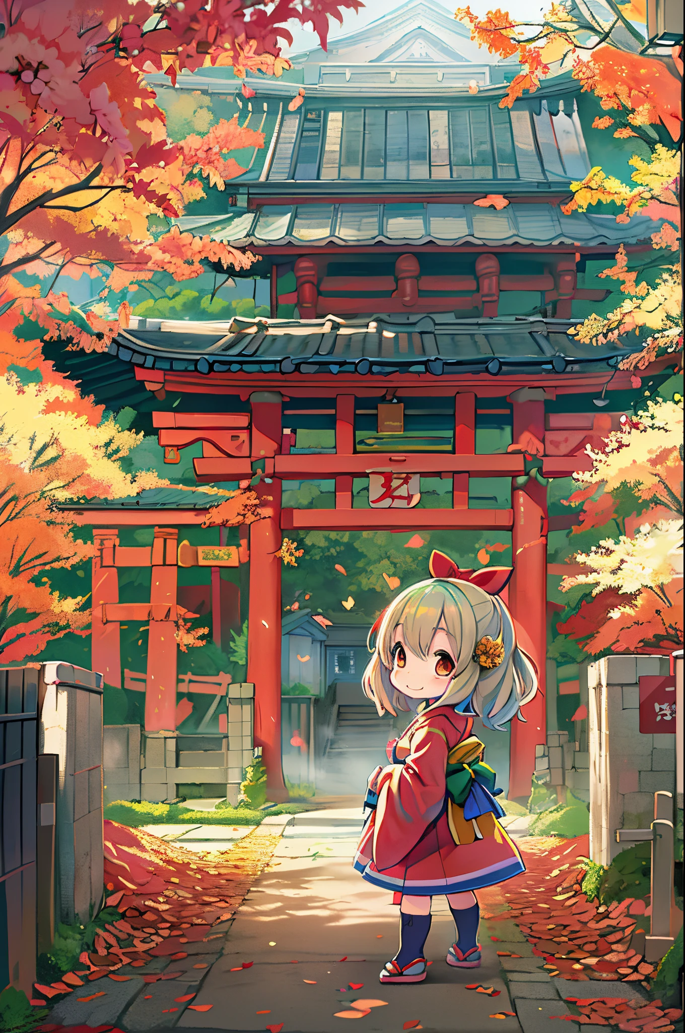 huge-breasted、kawaii、Sunny Clothes、japanese kimono、torii gate,((Oblique angle))、{{close up to face}}、one eye closed、8 years old girl、winking、A big smile、bbw、thick thight、big butts、Ultramammy,Chibi, autumn day,kaede、 Pines, Anime Background Art, japanese art style, beautiful anime scene, detailed scenery - width 672, Background art, Anime landscapes, Anime Background, Beautiful anime scenery, Beautiful peace scenes in anime, landscape artwork, Japan Village, Anime landscape concept art, 8K))、a lot of fallen leaves、