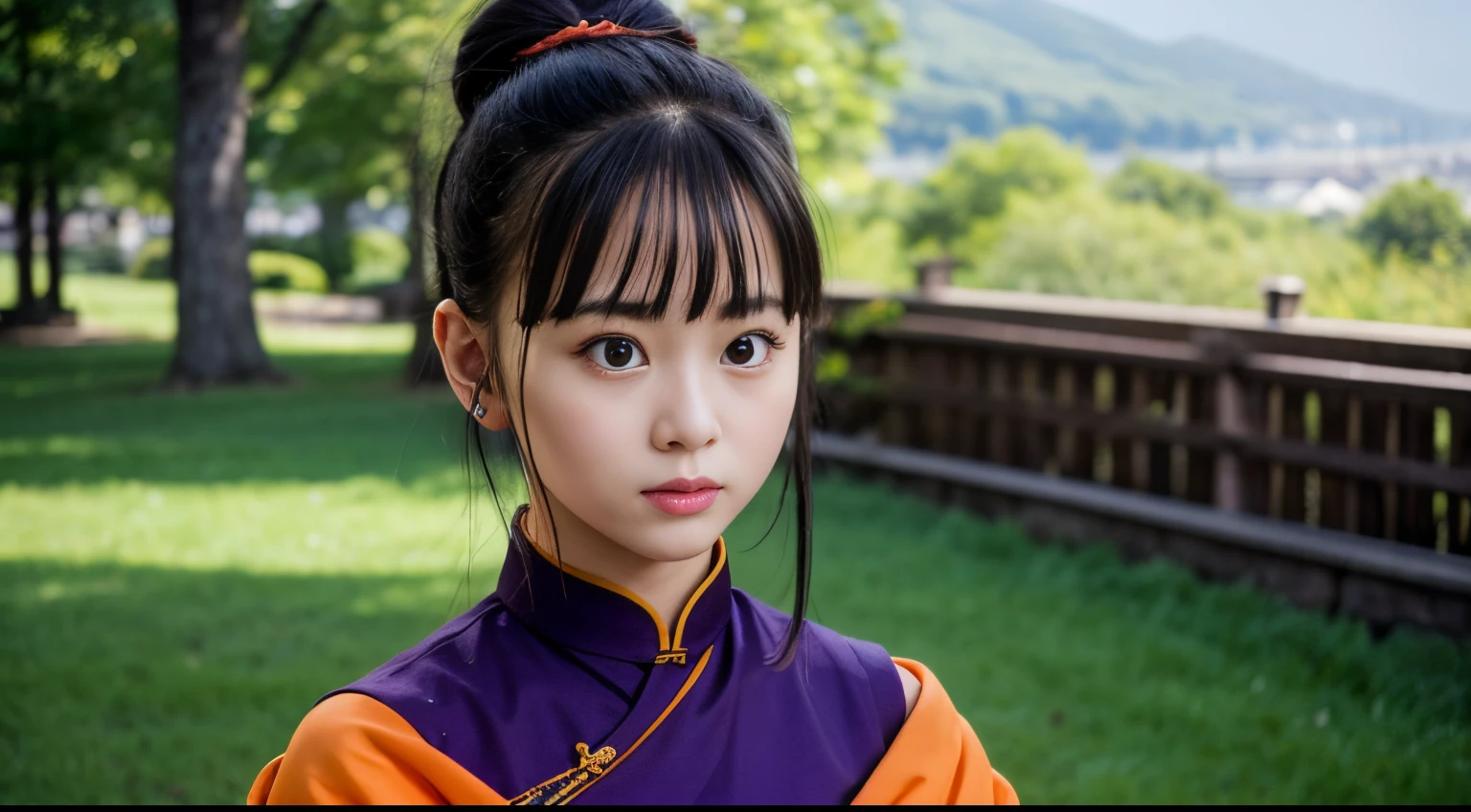 masterpiece, best quality, highest quality, photorealistic, perfect anatomy, perfect face, perfect eyes, dbzch1ch1, sidelocks, bangs, single hair bun, hair bun, (black eyes), orange pashmina wrap, red sphere earrings , red wristbands, purple cheongsam, outdoors, detailed eyes, detailed face