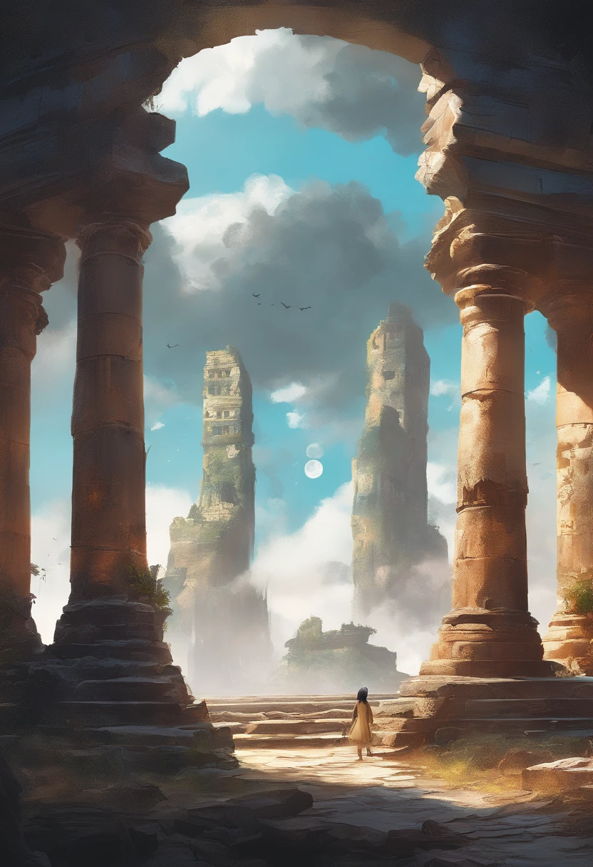 ((Ancient ruins))、((a five years girl))、Calm ink painting with detailed and detailed illustrations, magical cosmic color, Rice Paper Texture, Digital Paint, , Black and gold future portal floating in the sky. Venus. spaces. Cloud wet technique and wet technique. vibrant vector professional art. Using Cinema 4D, Mysterious