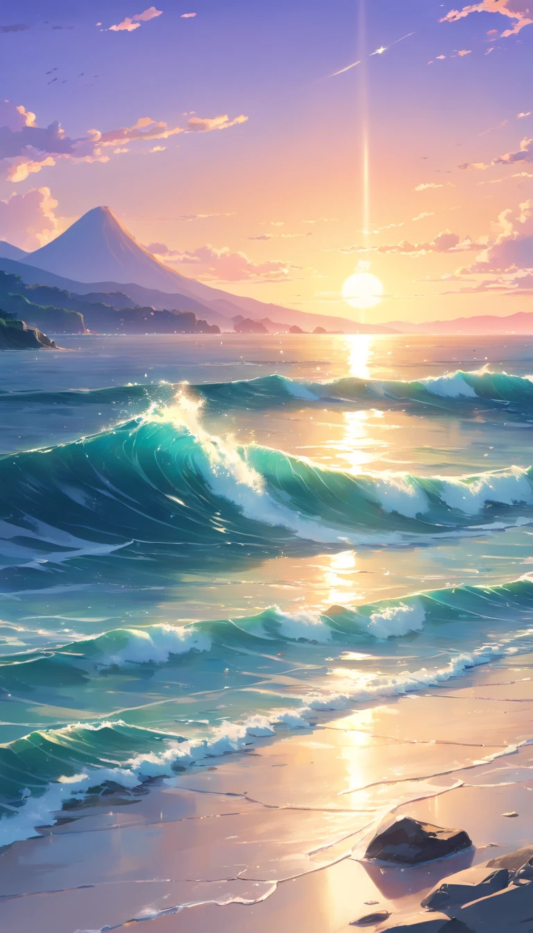 (Best Quality,4K,8K,hight resolution,masutepiece:1.2),Ultra-detailed,(Realistic,Photorealistic,Photorealsitic:1.37),Vivid colors,Sunset at sea,beautiful detailed waves,reflection of sun rays,magnificient clouds,dramatic sky,lonely sailing ship silhouette,Magnificent horizon,Shining orange and purple hues,serene ambiance,Waves crashing softly and gently,peaceful and quiet scene,sunlight shining on water,Calm and calm atmosphere,ethereal beauty,with a touch of romance,mesmerizing view of the sunset,Sea breeze,Tsunami hitting the coast,Majestic and awe-inspiring scenery,Tranquility and tranquility,Seagulls flying far away,Seamless transition from day to night,calm calm of the sea,Rippled water creating a dream-like effect,Soft shining light illuminating the scene,peaceful and magical environment,Secluded and untouched beach