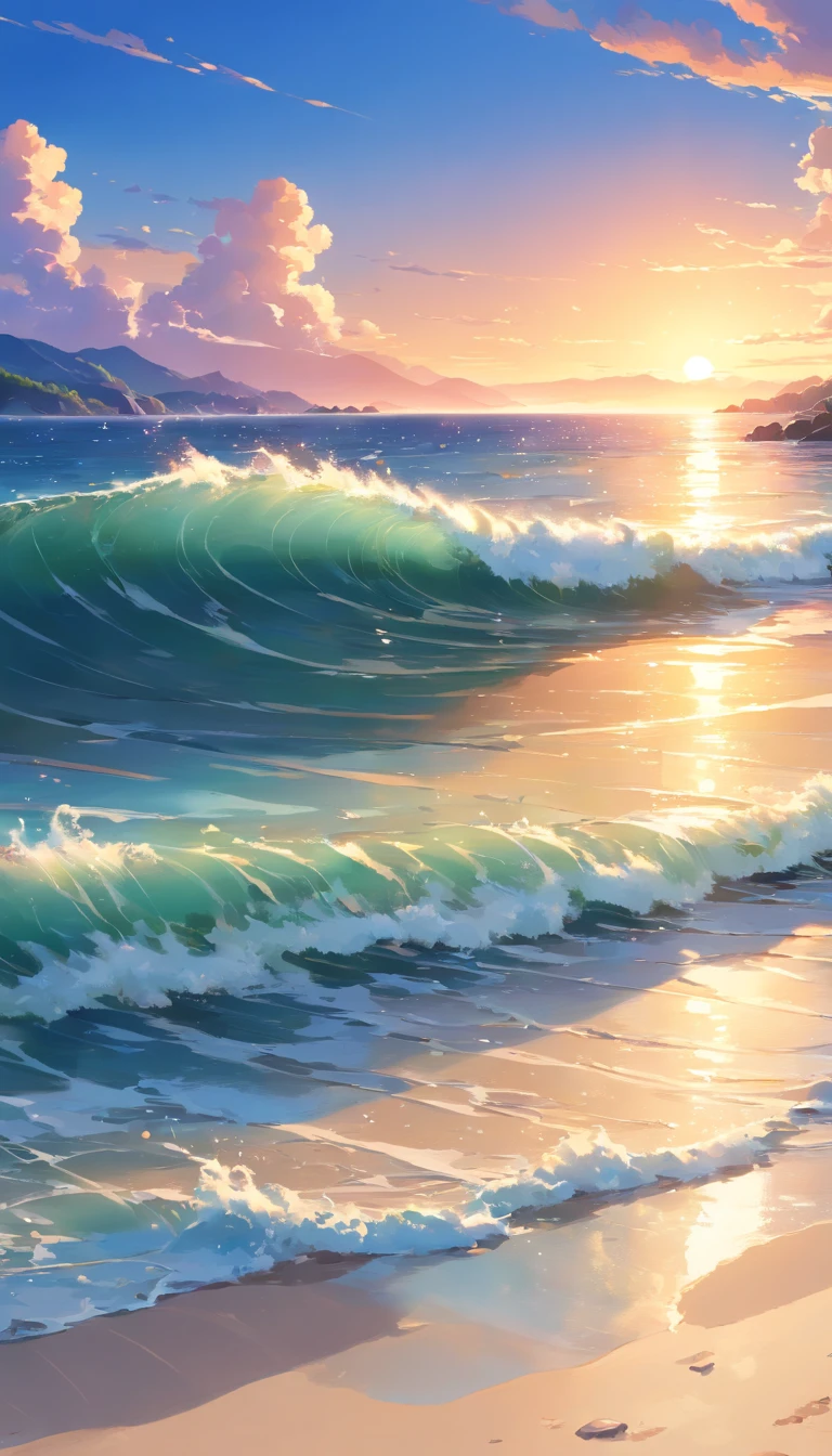 (Best Quality,4K,8K,hight resolution,masutepiece:1.2),Ultra-detailed,(Realistic,Photorealistic,Photorealsitic:1.37),Vivid colors,Sunset at sea,beautiful detailed waves,reflection of sun rays,magnificient clouds,dramatic sky,lonely sailing ship silhouette,Magnificent horizon,Shining orange and purple hues,serene ambiance,Waves crashing softly and gently,peaceful and quiet scene,sunlight shining on water,Calm and calm atmosphere,ethereal beauty,with a touch of romance,mesmerizing view of the sunset,Sea breeze,Tsunami hitting the coast,Majestic and awe-inspiring scenery,Tranquility and tranquility,Seagulls flying far away,Seamless transition from day to night,calm calm of the sea,Rippled water creating a dream-like effect,Soft shining light illuminating the scene,peaceful and magical environment,Secluded and untouched beach