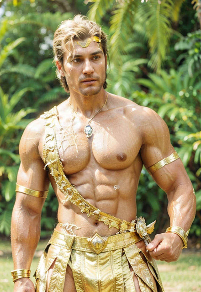 realistic, (masterpiece), (photorealistic:1.3), ultra-detailed, (high detailed:1.2), (best quality:1.0),  manly, musculine, tall man, a man in royal regalia wearing a golden wonder woman armor style, covered with diamond. Fantasy, Full body character sheet