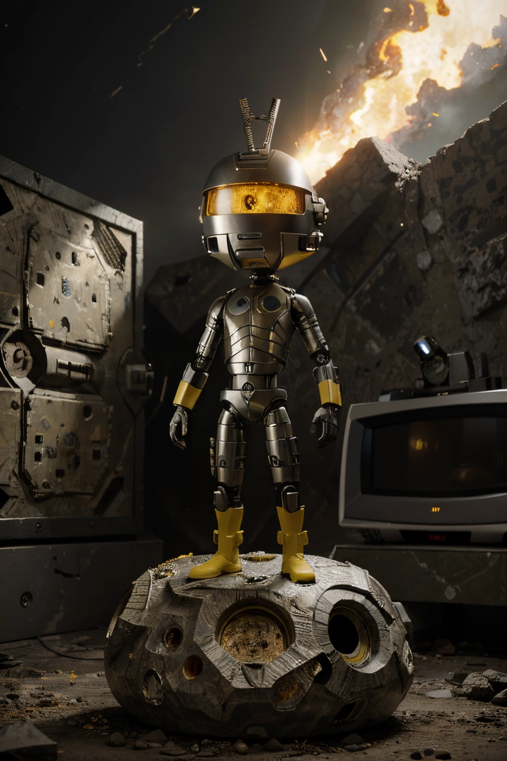 A Modern flat toon Crazy whit a Big ONE a Only Eye Robot and helmet Style, tongs in hands, Tv head, pinhead, camouflage yellow white Pibnk Rusty, Ambient in a meteorite crater super detailed, center, beautiful, soft lighting, focused on the character, 4K resolution, photorealistic rendering,