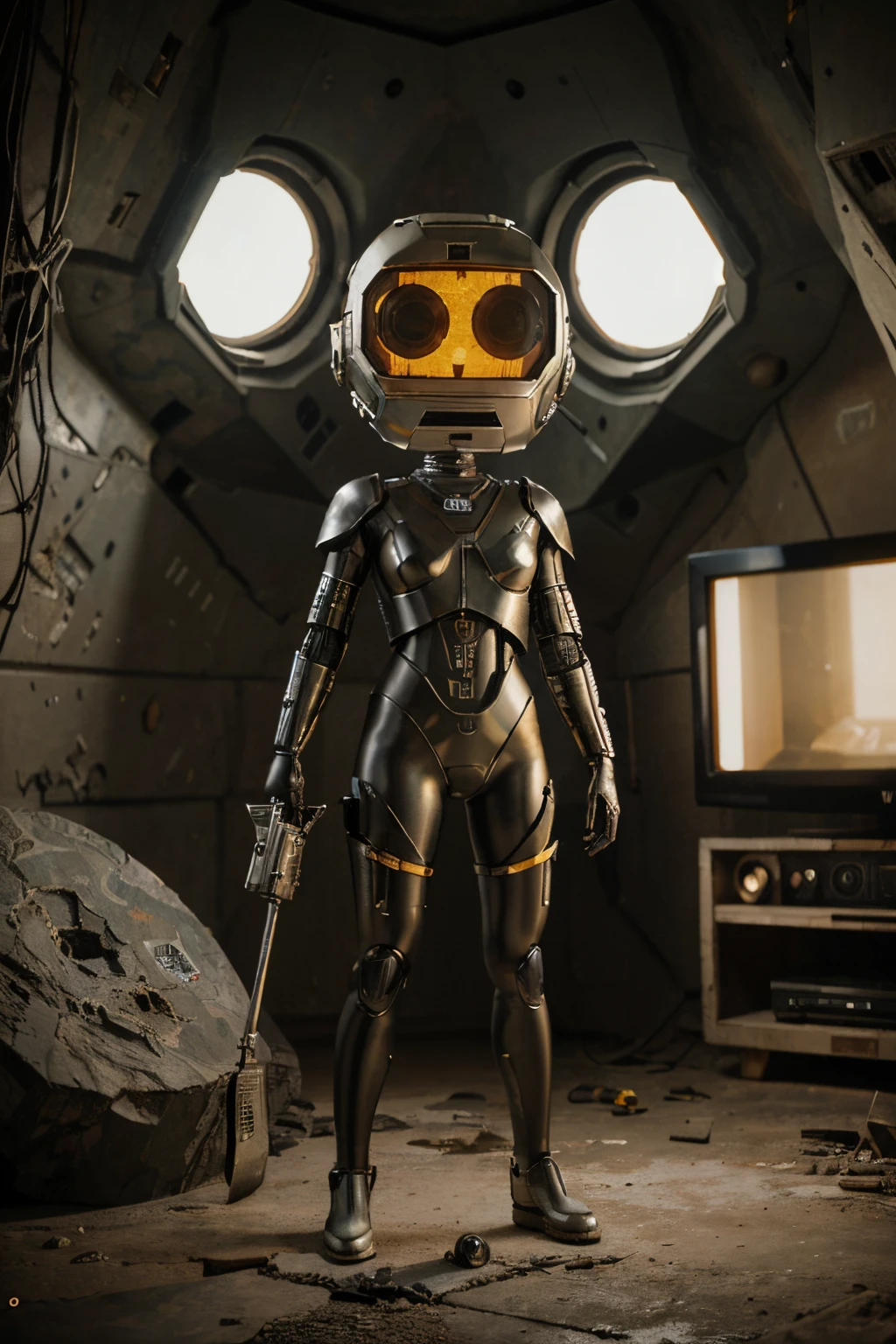 A Modern flat toon Crazy whit a Big ONE a Only Eye Robot and helmet Style, tongs in hands, Tv head, pinhead, camouflage yellow white Pibnk Rusty, Ambient in a meteorite crater super detailed, center, beautiful, soft lighting, focused on the character, 4K resolution, photorealistic rendering,