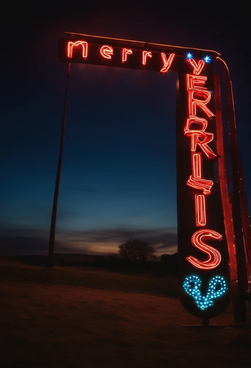 A vibrant neon sign that spells out “Merry Christmas” against a sparkling night sky backdrop, creating a visually stunning and festive atmosphere.