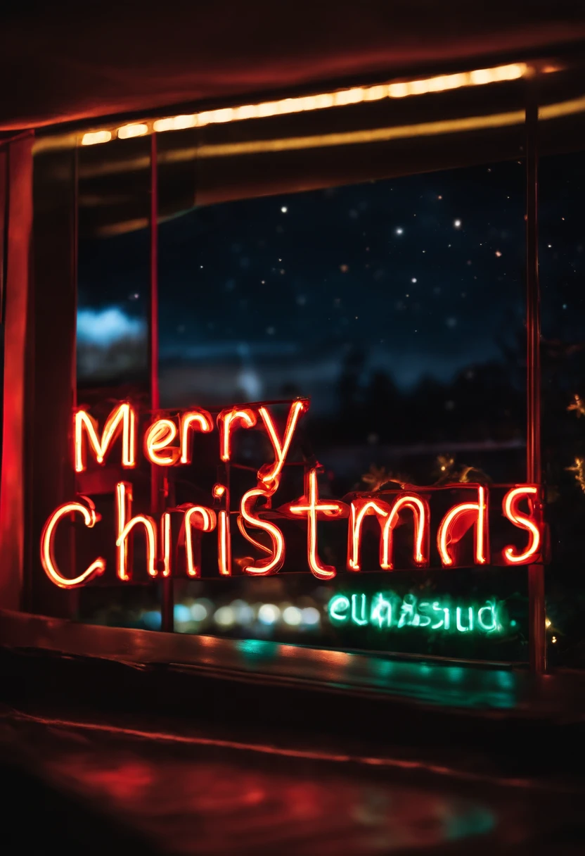 A vibrant neon sign that spells out “Merry Christmas” against a sparkling night sky backdrop, creating a visually stunning and festive atmosphere.