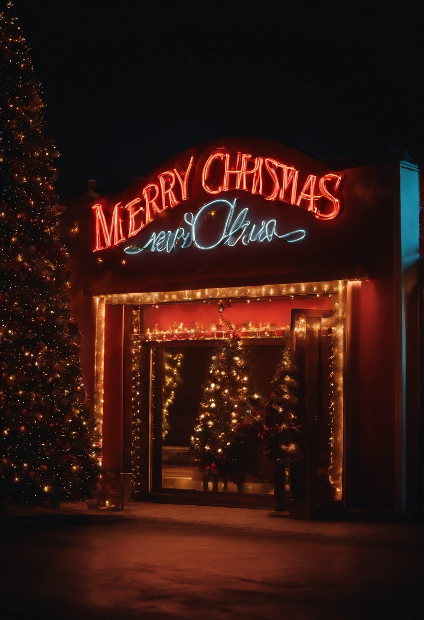 A vibrant neon sign that spells out “Merry Christmas” against a sparkling night sky backdrop, creating a visually stunning and festive atmosphere.