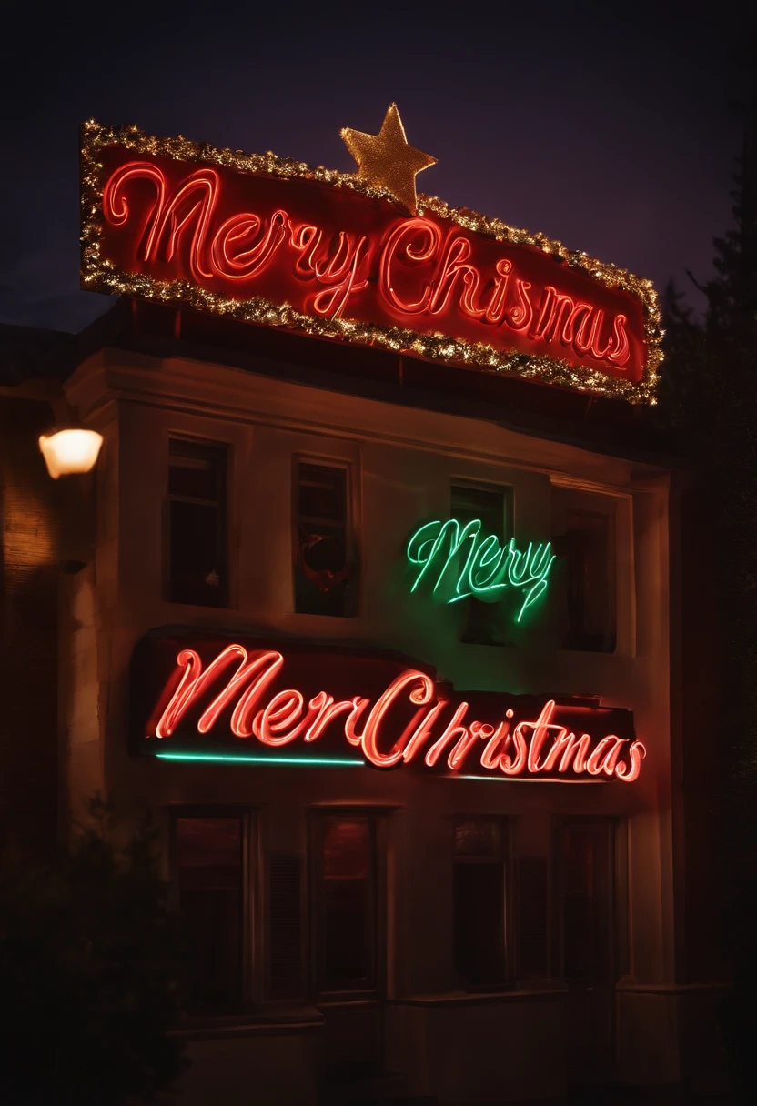 A vibrant neon sign that spells out “Merry Christmas” against a sparkling night sky backdrop, creating a visually stunning and festive atmosphere.