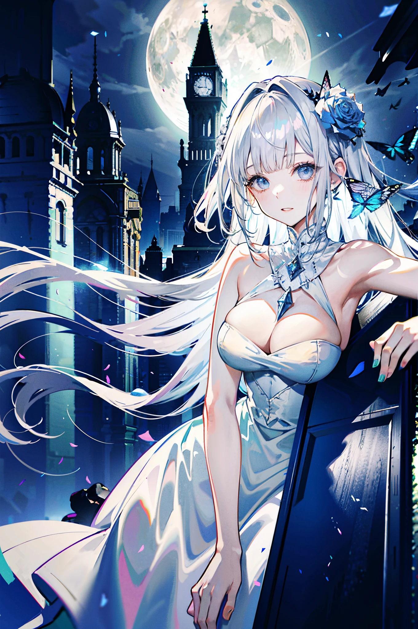 silber hair,butterflys,Long gray hair,8k wallpaper,detailedbackground,Highest high resolution,Deep V large breasts,With long bangs,Church background,Rose blanche,Tight,themoon,White dress