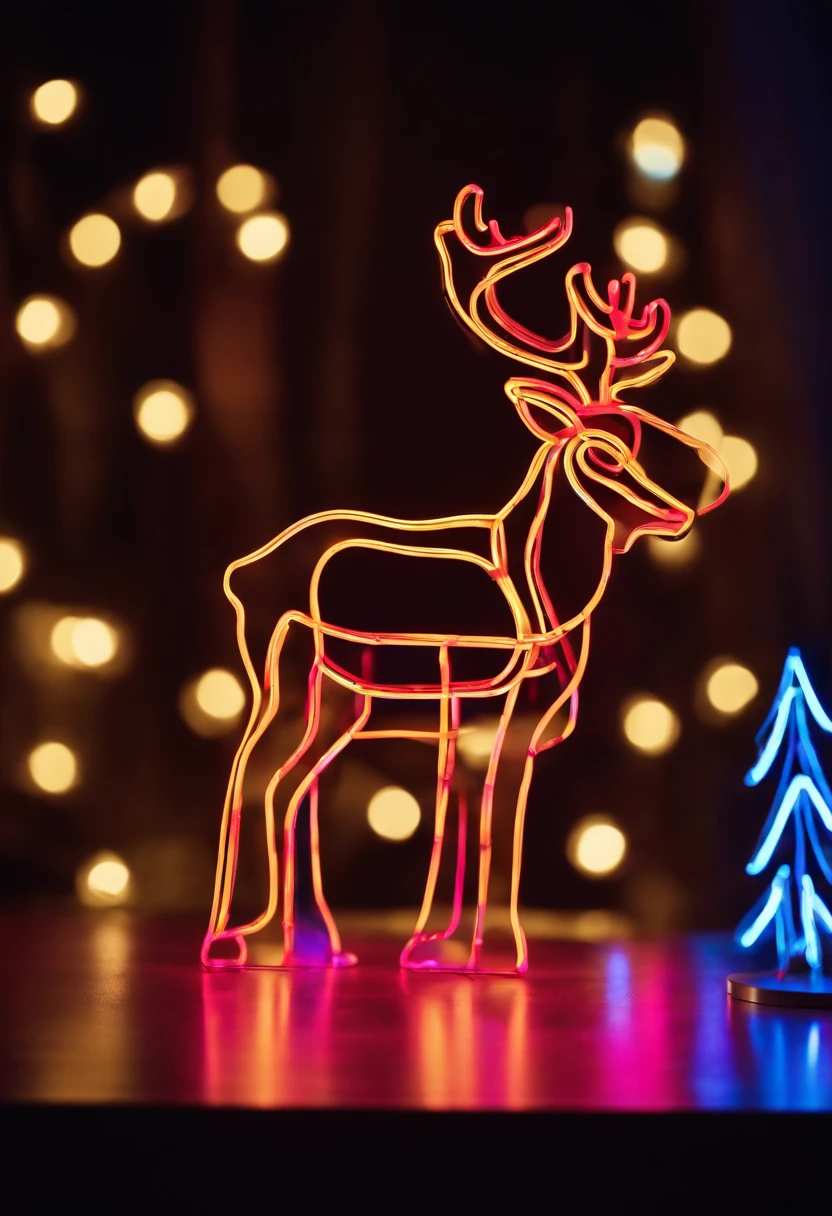 A close-up shot of a neon reindeer silhouette surrounded by colorful neon lights, adding a modern twist to traditional Christmas decorations.