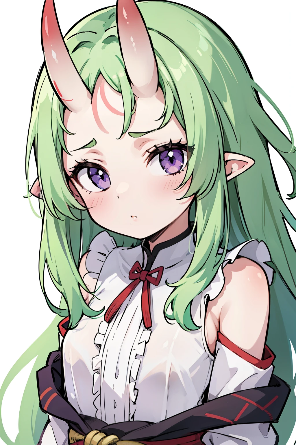 masterpiece, best quality, 4k, face close-up, portrait, 1girl, solo, beige hair, light green hair, pale green hair long hair, purple eyes, small breasts, ((oni girl, oni horns, forehead horns)), serious, neutral,  white blouse, one piece blouse, medieval fashion, standing, arms behind back, looking at viewer, white background, simple background, transparent background