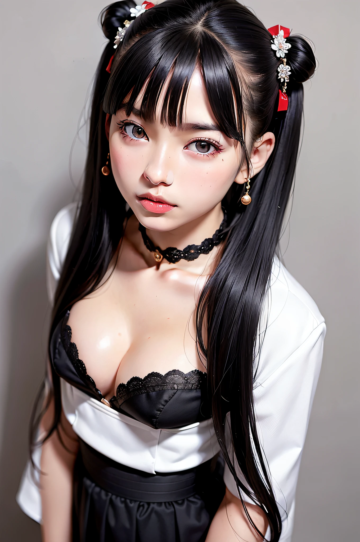 Superb (Realistic: 1.2), 1 woman, Solo, Glossy skin, Fine face, Face focus, Standing figure, Black hair, (Hair ornament: 1.35), Twin tails, Japanese clothing, Sleeve ribbon, Sleeve removal, Ribbon trim, Wide sleeves, Long hair (Viewer's perspective: 1.5x), Black eyes, Bangs, Underwear, Lips,