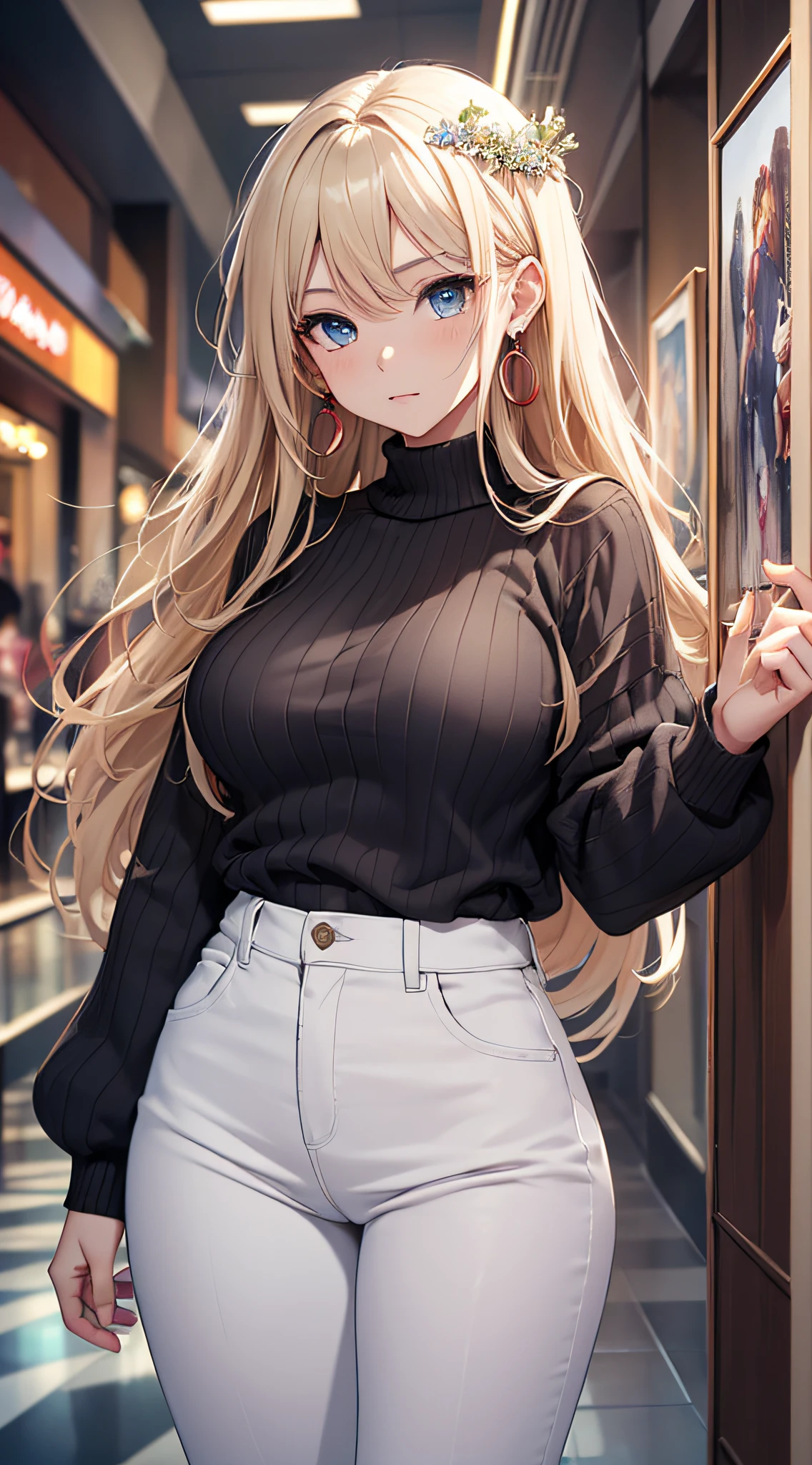 top-quality、Top image quality、masterpiece、girl with((18year old、Best Bust、big bast,Beautiful blue eyes、Breasts wide open, a blond、A slender,Large valleys、White sweater、White pants、Spread your arms、dance、Ruby Earrings、lean against the wall))hiquality、Beautiful Art、Background with((Large shopping malls、Many galleries)))、,masutepiece、visualart、depth of fields、Shoujo manga style
