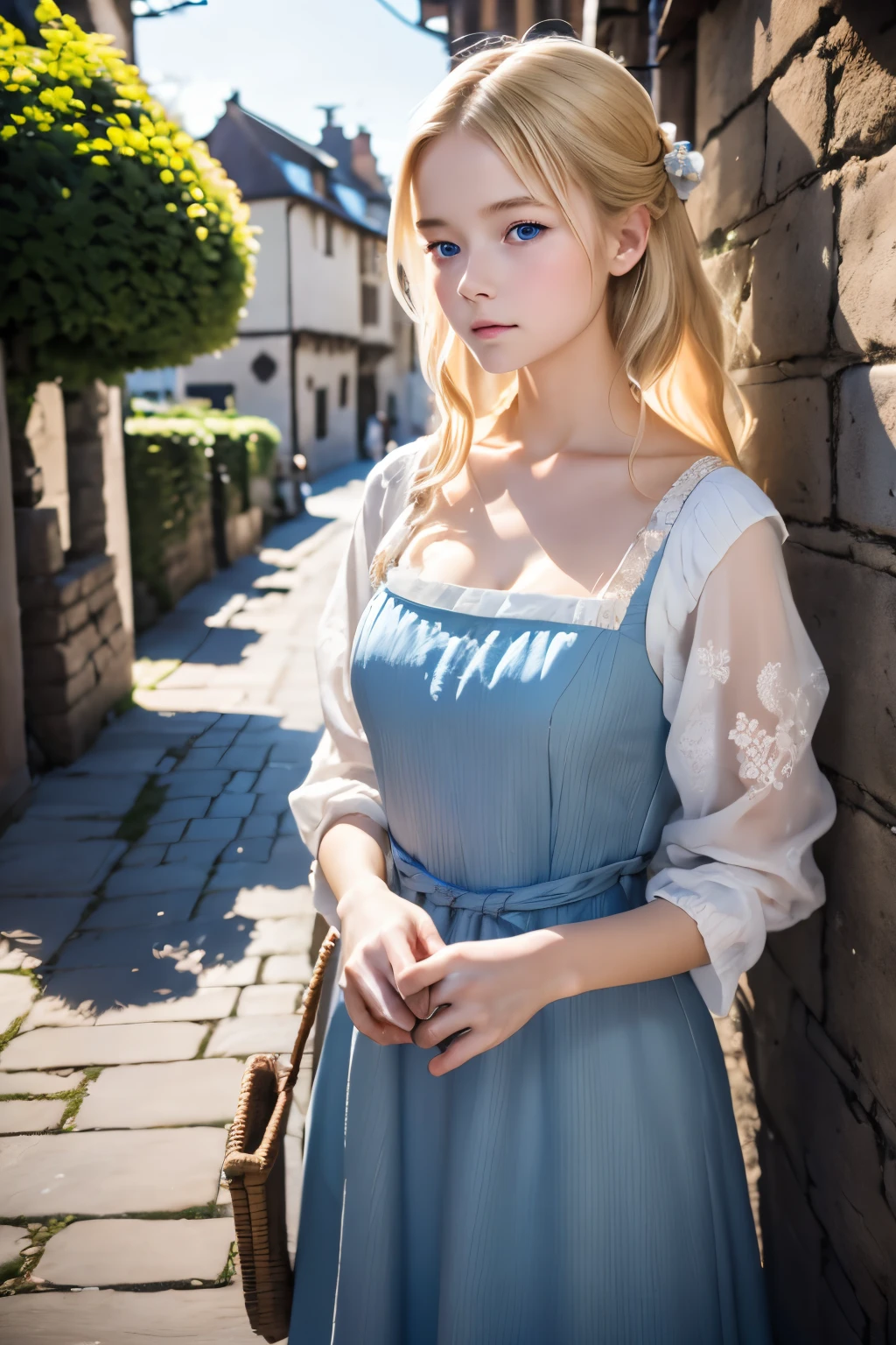 Best Quality, masutepiece, photos realistic, Intricate details, Raw photo, ultra-detailliert, Old fashioned young woman, In peasant style dresses, No neckline, Blonde hair, Perfect details and blue eyes, Walk through the Old Town, HD quality, 8K, Young Woman, 20 years old