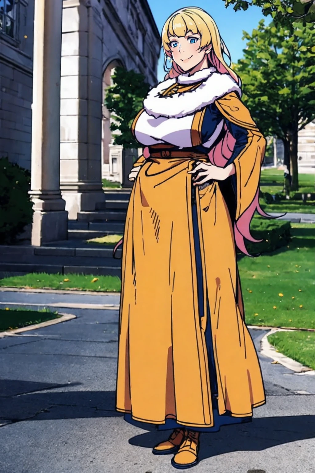 galko,1girl, solo, smile, full body, standing, long skirt, priestess, religious, holy, cute, blush, ,tall female, medieval clothing, white veil, tunic, long skirt,boots, huge brest, curvy,