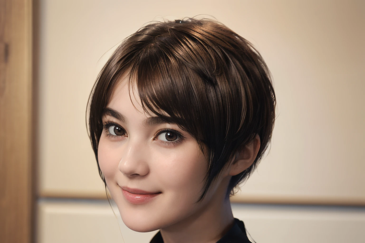 97
(a 20 yo woman,is standing), (A hyper-realistic), (high-level image quality), ((short-hair:1.46)), (Hair smooth), (Gentle smile), (Keep your mouth shut)
