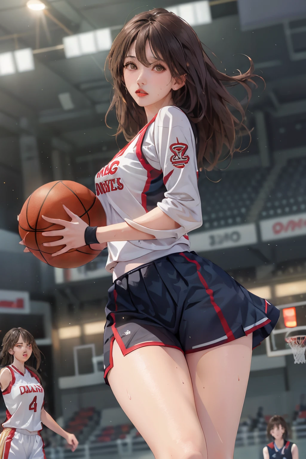 Masterpiece: 1.2, best quality), realistic, (real picture, rich details details, depth of fields), (1girl, solo), makeup, harelip, high detail, perfect face shape, small breasts, big breasts thin waist, Tall guy, coral, Redlip, Brown eyes, horse tailed，(((（Girl playing basketball, Transparent black basketball uniform)))）, (sweat leggs: 1.2), (dampness), Raised sexy, Be red in the face，Sweaty