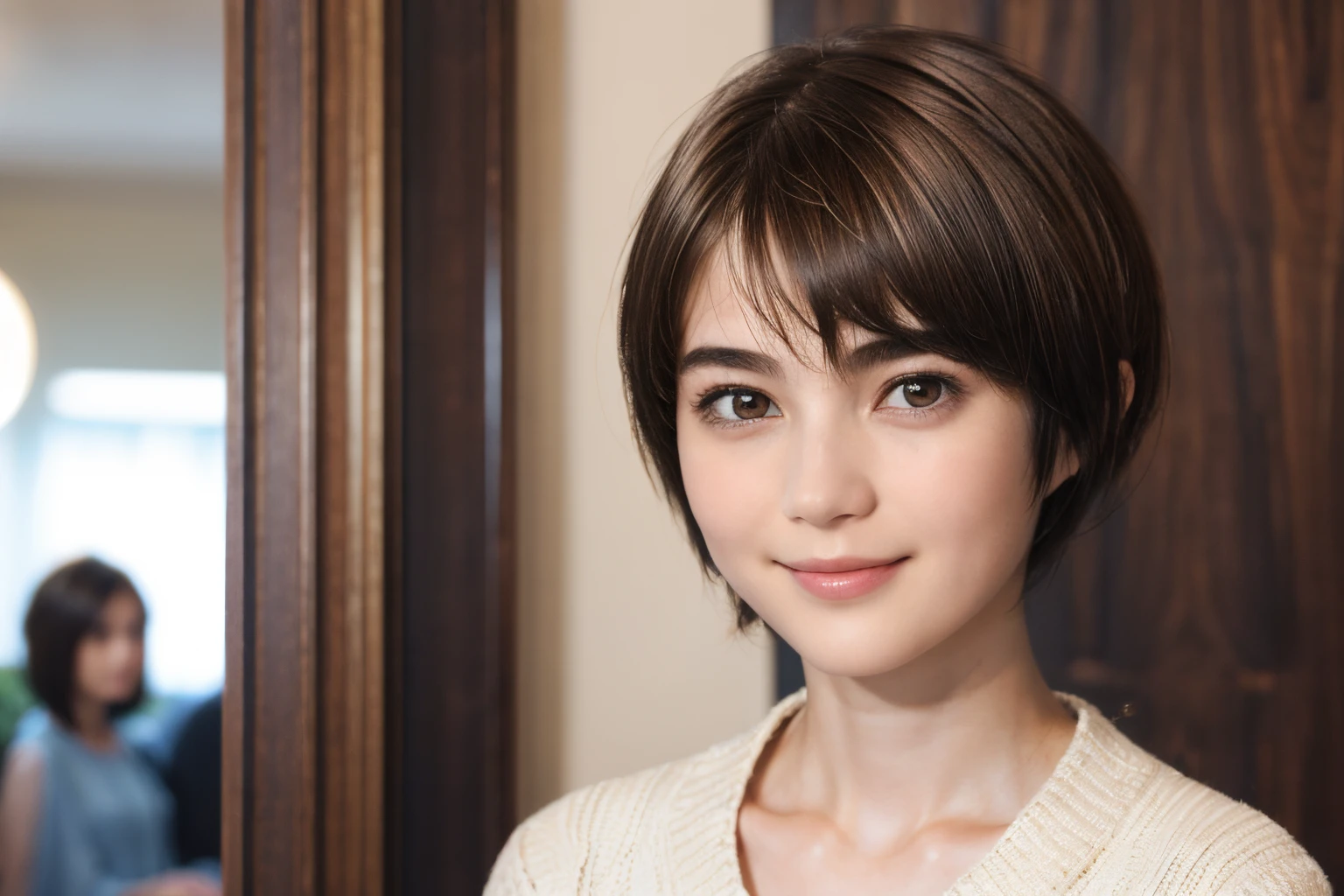 97
(a 20 yo woman,is standing), (A hyper-realistic), (high-level image quality), ((short-hair:1.46)), (Hair smooth), (Gentle smile), (Keep your mouth shut)