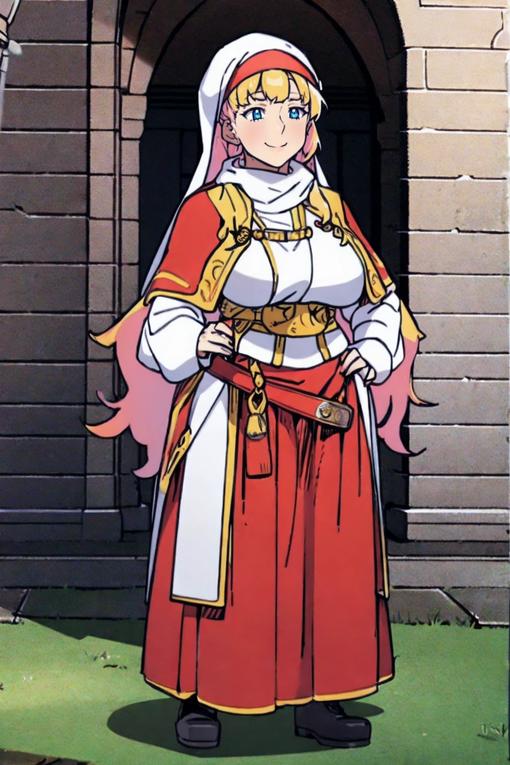 galko,1girl, solo, smile, full body, standing, long skirt, priestess, religious, holy, cute, blush, ,tall female, medieval clothing, white veil, tunic, long skirt,boots, huge brest, curvy,