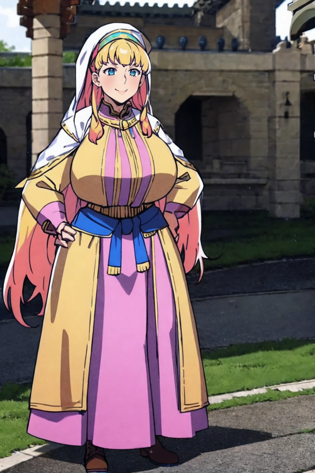 galko,1girl, solo, smile, full body, standing, long skirt, priestess, religious, holy, cute, blush, ,tall female, medieval clothing, white veil, tunic, long skirt,boots, huge brest, curvy,