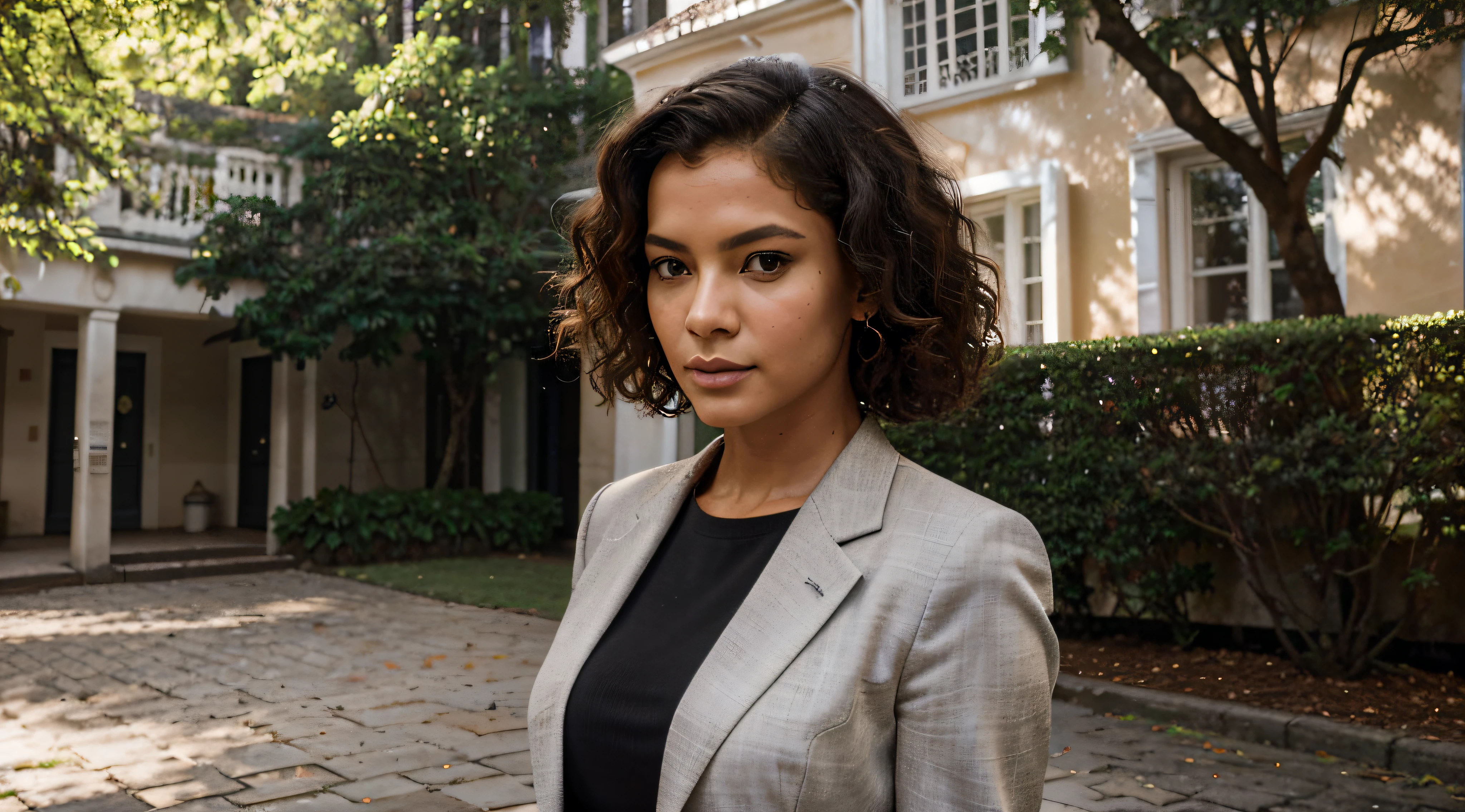 In the middle of a sunny afternoon on the university campus, an Afro-Brazilian student exudes confidence and style as she gracefully walks across the grounds. Dressed in sophisticated business attire, she wears a tailored blazer and pencil skirt that complement her vibrant personality.
A luz do sol banha o campus com um brilho quente, casting a soft play of light and shadows on the cobblestone paths and surrounding vegetation. The camera expertly captures the subtle details of the scene, destacando as texturas das roupas do aluno e os elementos naturais do ambiente.
The model is natural, Curly black hair is a distinctive feature, emoldurando seu rosto com um toque elegante. A luz solar captura os fios individuais, mostrando a beleza e a singularidade de seu penteado encaracolado. Shadows beneath curls add depth and dimension to your overall look..
Your facial features are carefully portrayed, capturing the essence of refined, confident behavior. High, slightly narrowed cheekbones, olhos cativantes lembram o estilo gracioso associado a Catherine Zeta-Jones. Lips are full and expressive, contributing to the model’s charismatic presence.
Camera angles show the model from different perspectives, capturing her in motion as she navigates the campus scenery. Background includes iconic university landmarks, combining the sophistication of academic architecture with the natural beauty of the surroundings.
This detailed image aims to bring to life the elegance and individuality of an Afro-Brazilian student, celebrating your unique beauty and confident presence on the college campus