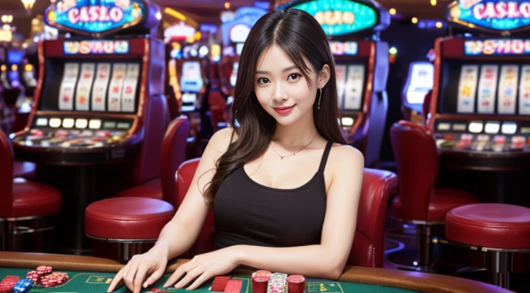 Piece Table, bestquality, real light, finely detail, high-res, 8k wallpapers, Perfect dynamic composition, beautiful detail eyes, medium hair, Full big breasts, Random and sexy poses,Bring your breasts together.......、(Very small cropped tank top....... white blouse)、(Chest bulge 1.2)、smile、opened mouth.、Resort View、Age 23 years、(Drone 1.4)、Adult Beauty、japan (Random background,In casinos,VIP casino room, Modern Casino Console, Modern Slot Machines )