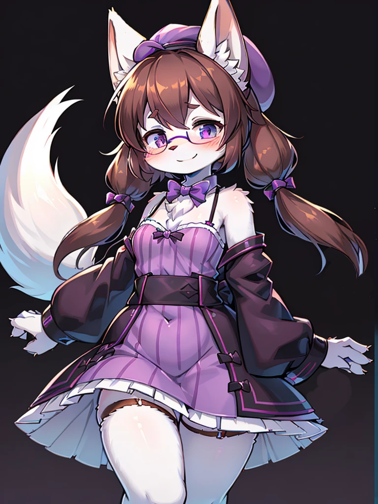 absurdres, furry, female furry, anthro, detailed portrait of a anthro woman, li, extreme detail, detailed fluffy fur, full body, blushing, detailed eyes, (detailed lighting), (cinematic lighting), (masterpiece, hi res, RAW photo, high resolution, high details, best quality), high definition, (high sharpness:1.3), white arctic fox ears, arctic fox tail, white fur, sidelocks, low twintails, dark brown hair, violet_colored_streaked_eyes, purple checkered beret, criss_cross_straped dress, purple frilled checkered dress, bowtie on dress, bows in twintails, happy, smiling, purple clothing, glasses, white hands, white arms,
