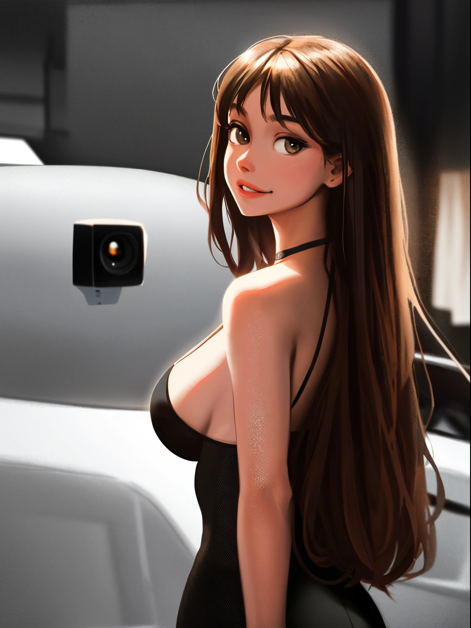 sam yang, 1girll, back, exposed bare shoulders, 黑The eye, dark circles, brown hair, 耳Nipple Ring, jewely, cparted lips, long whitr hair, looking at viewert, back to look back, choker necklace, cropped shoulders, Lips half open, sportrait, daysies, depth of fields, 独奏, ((tmasterpiece))((You may be a one-man world,But you can also be a one-person world,paradox,adrian ghenie,jenny saville,edward hopper,(RAW photos,best qualtiy)(A girl with a literary touch:1.2)(photorealestic,photograph realistic:1.3),Extremely Delicately Beautiful,Amazing,Fine details, tmasterpiece,hyper-detailing,A high resolution,Most Best Illustration,复杂,depth of fields,1girl,(long leges:1.4),long whitr hair,messy hair,Girl with thick fat chunky physique,((gentlesoftlighting:1.4))),(paleskin:1.4),(smile shy),(Movie Angle),tack sharp focus,volume fog,8k UHD,digital SLR camera,high qulity,(filmgrain:1.4),富士XT3,(looking at viewert)