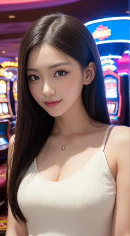 1 korean girl, big breasts, strikingly beautiful, delicate facial features, black hair, red lips, erotic pose, expressive eyes, bitter white skin, Release of long shiny black hair, sit in front of a slot machine,inside a casino, casino, Vesper Lynd de Casino Royale, online casino logo, screenshot of a stunning screen, (((girl all nude))), eyes hook the soul seduces you, (black bunny ear hairband), girl squatting on the table, open legs in an M shape, lift hands and behind head, from front,