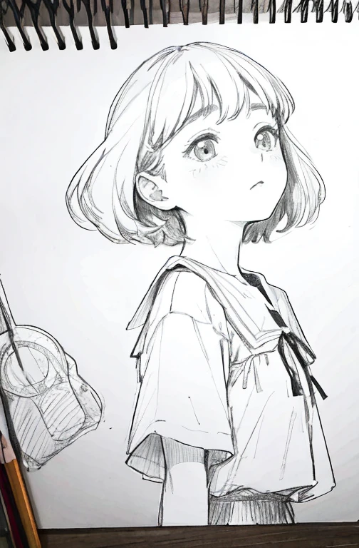 1girl in,line-drawing,monochromes,sketch,Pencil drawing,Traditional Media,1girl in, The upper part of the body,look up to,patterns,Cold background,bobhair ,Delicate body、Eau、liquids、云、, Short sleeves, Skirt, Solo、(Cute age woman, Solo),Beautiful portrait、look up to、deadpan、No emotion、A dark-haired、